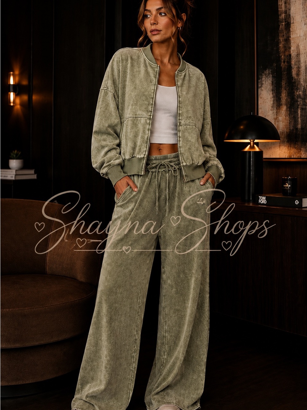 Zenana LT Olive Fleece Wide-Leg Lounge Pants & Bomber Jacket Set